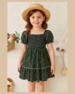 Green Floral Printed Short Sleeve A-Line Dress – FACOBE girls dress