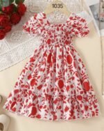 Red & White Floral Printed Short Sleeve A-Line Dress – FACOBE girls dress