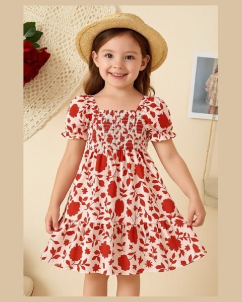 Red & White Floral Printed Short Sleeve A-Line Dress