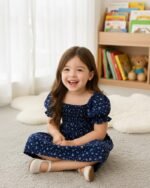 Navy Blue Floral Printed Short Sleeve Midi Dress – FACOBE girls dress