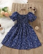 Navy Blue Floral Printed Short Sleeve Midi Dress – FACOBE girls dress