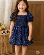 Navy Blue Floral Printed Short Sleeve Midi Dress – FACOBE girls dress