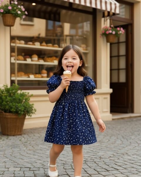 Navy Blue Floral Printed Short Sleeve Midi Dress