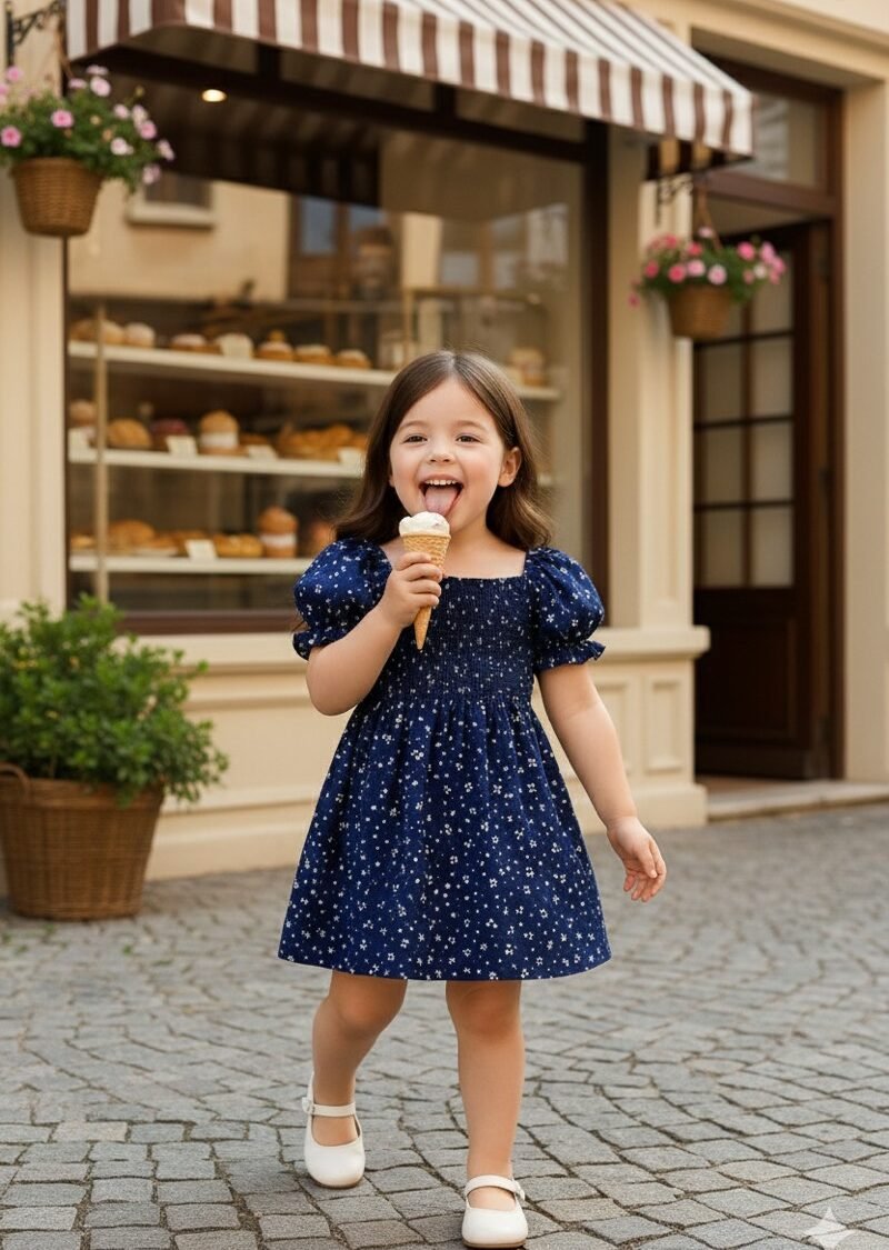 Navy Blue Floral Printed Short Sleeve Midi Dress