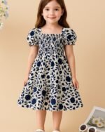 White & Blue Floral Printed Short Sleeve Midi Dress – FACOBE girls dress