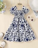 White & Blue Floral Printed Short Sleeve Midi Dress – FACOBE girls dress