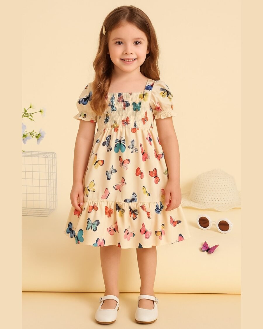 Multicolor Butterfly Printed Short Sleeve Dress
