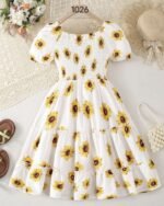 White & Yellow Flower Printed Short Sleeve Dress – FACOBE girls dress