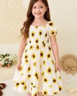 White & Yellow Flower Printed Short Sleeve Dress – FACOBE girls dress