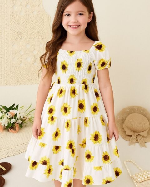 White & Yellow Flower Printed Short Sleeve Dress