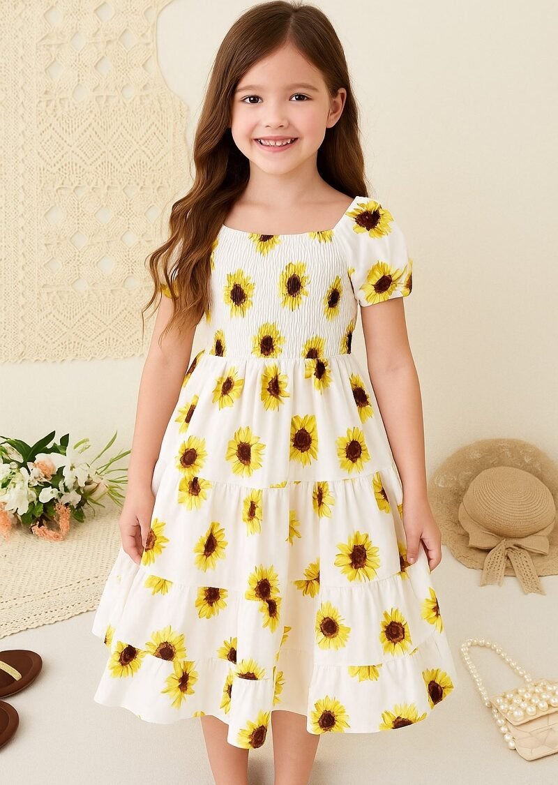White & Yellow Flower Printed Short Sleeve Dress
