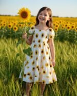 White & Yellow Flower Printed Short Sleeve Dress – FACOBE girls dress