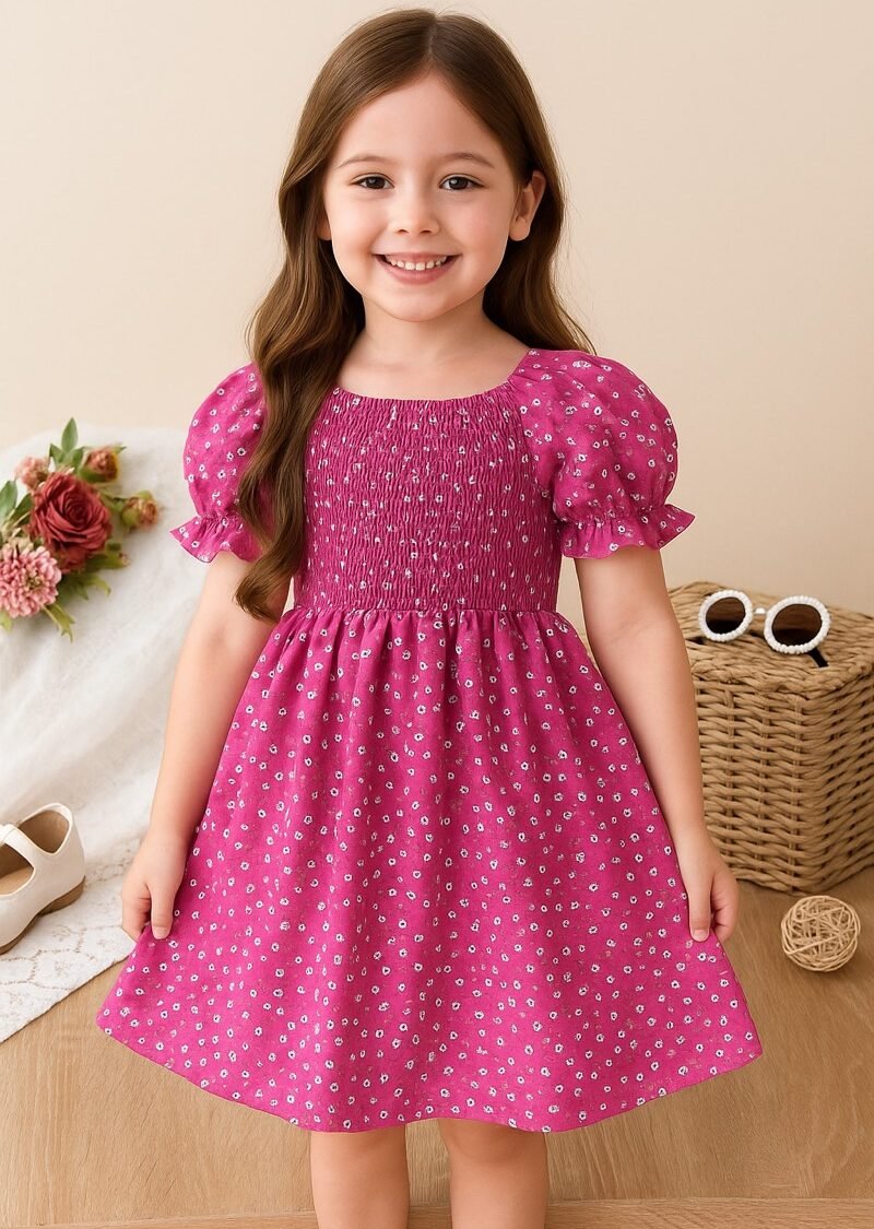 Pink & White Floral Printed Short Sleeve A-Line Dress