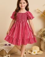 Pink & White Printed Short Sleeve Midi Dress – FACOBE girls dress
