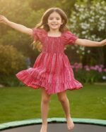 Pink & White Printed Short Sleeve Midi Dress – FACOBE girls dress