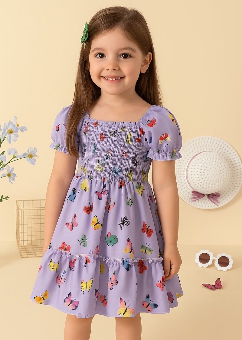Purple Butterfly Printed Short Sleeve Dress