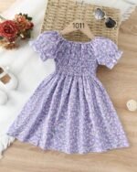 Lavender Floral Printed Short Sleeve A-Line Dress – FACOBE girls dress