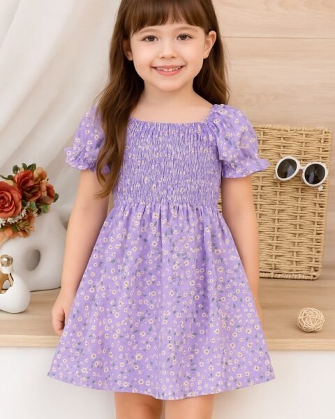 Lavender Floral Printed Short Sleeve A-Line Dress