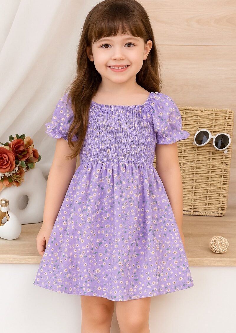 Lavender Floral Printed Short Sleeve A-Line Dress