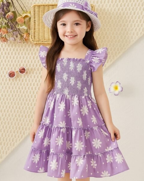 Lavender Flower Printed Flared Sleeve Dress