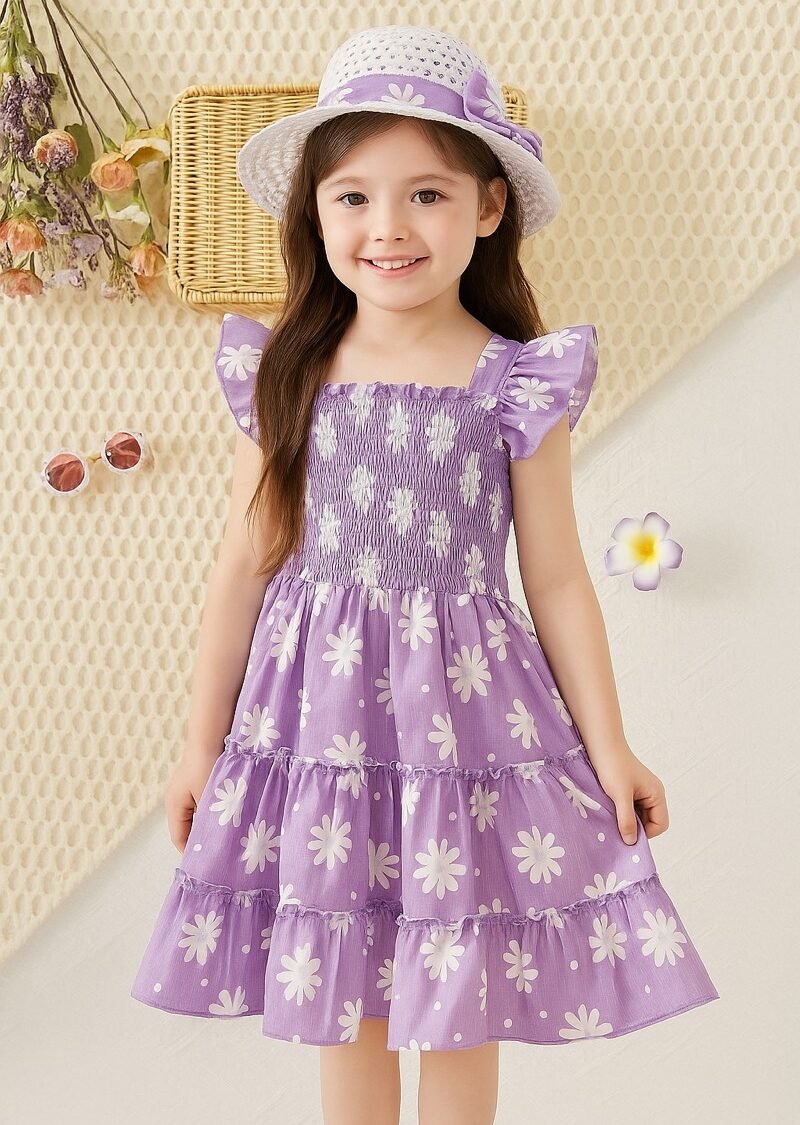 Lavender Flower Printed Flared Sleeve Dress