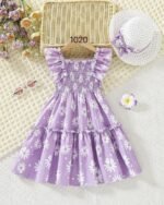 Lavender Flower Printed Flared Sleeve Dress – FACOBE girls dress