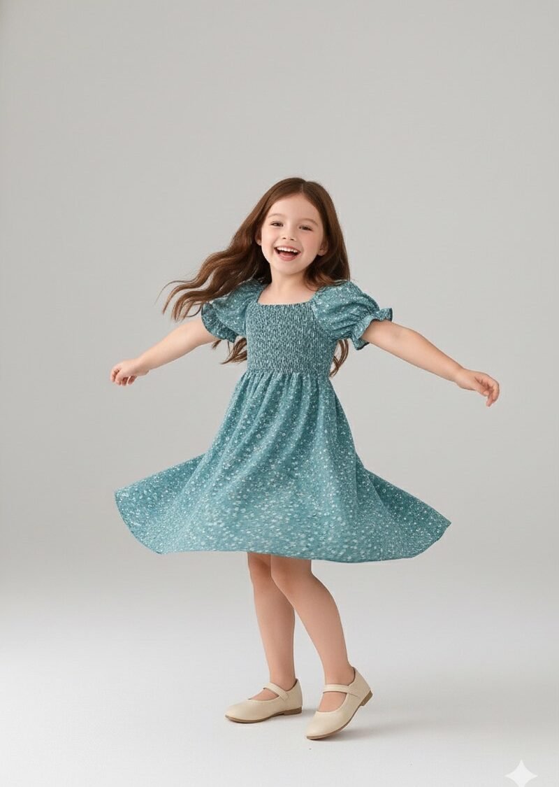 Blue Flower Printed Short Sleeve Dress