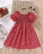 Red Floral Printed Short Sleeve Midi Dress – FACOBE girls dress