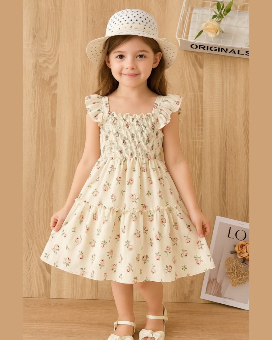 White Floral Printed Flared Sleeve Dress