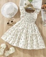 White Floral Printed Flared Sleeve Dress – FACOBE girls dress