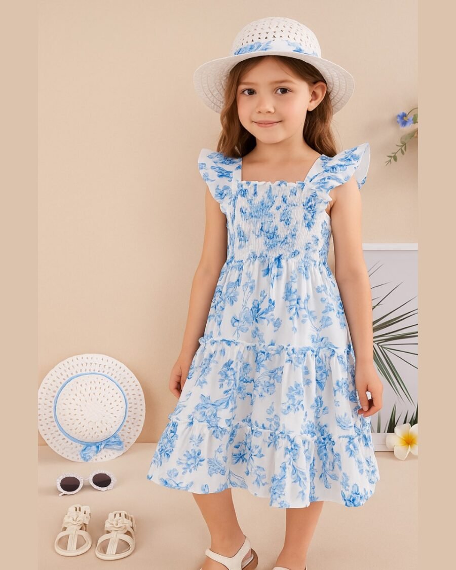 Blue & White Floral Printed Flared Sleeve Dress