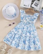 Blue & White Floral Printed Flared Sleeve Dress – FACOBE girls dress