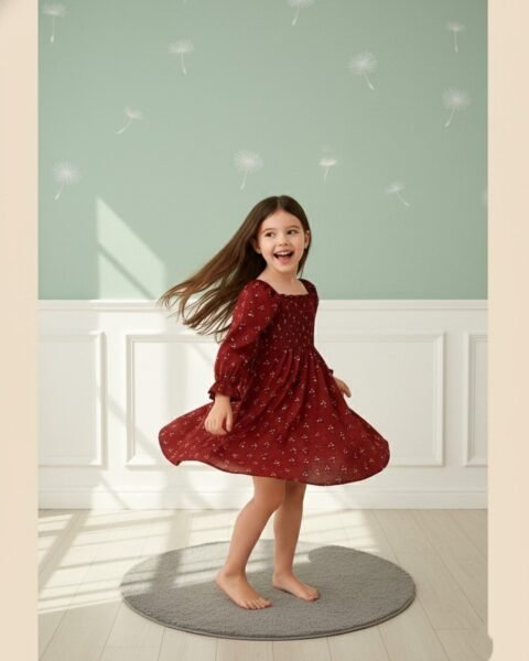 Red Floral Printed Full Sleeve Dress